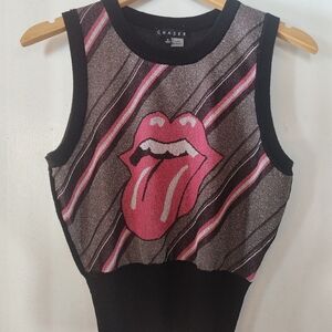 Chaser Pink and Black Rooling Stones Matalic Graphic Tank Top S